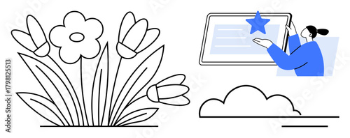 Woman placing a blue star on a digital tablet, surrounded by blooming flowers and clouds. Ideal for creativity, growth, learning, nature, success, innovation, positivity and a simple flat metaphor