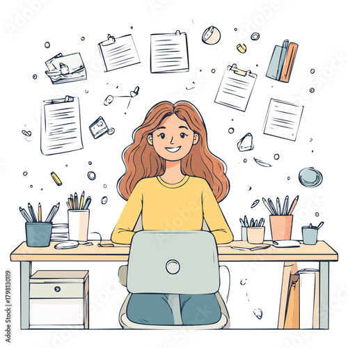 Creative Freelancer Woman Working on Laptop. Vector Illustration of Home Office, Multitasking and Productivity.