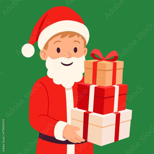 Cute vector illustration of Santa Claus holding Christmas gift boxes against a clean green background. For holiday marketing, greeting cards or prints, kids’ products, and festive advertisements