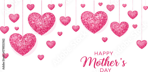 Elegant Mother's Day Greeting with Hanging Pink Glitter Hearts and a Stylish Font on White