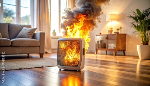 Dangerous situation with electric heater catching fire in living room illustrates home safety hazards and importance of precaution during winter season