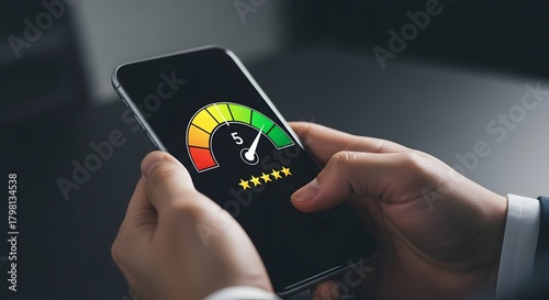 Person checking credit score on smartphone with gauge and stars