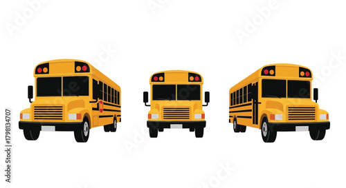 Three yellow school buses are lined up in a simple illustrated style