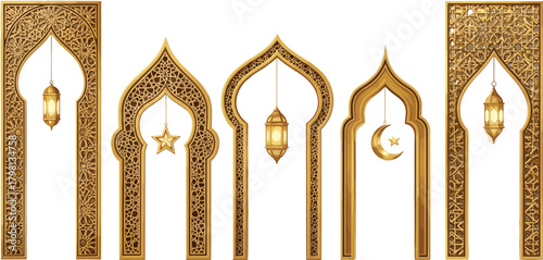 Golden Islamic Arches with Ramadan Lanterns, Crescent Moon, and Star Decorations