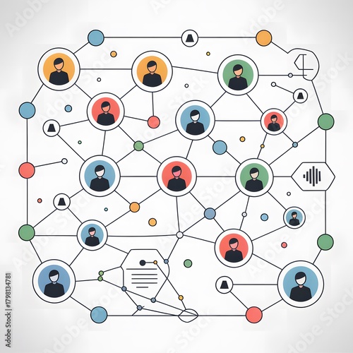 Connected Social Network Diagram Illustrating Interlinked User Profiles, Communication Pathways, Digital Community Mapping, and Relationship Connections
