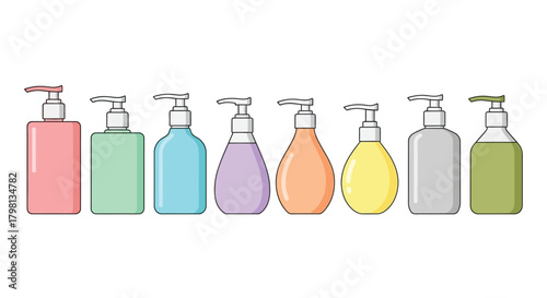 A colorful assortment of pump bottles displayed in a neat linear arrangement