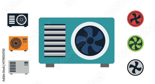 Various air conditioning units and cooling fans in flat vector illustration