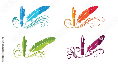 Colorful quill and fountain pens with decorative swirls and flourishes