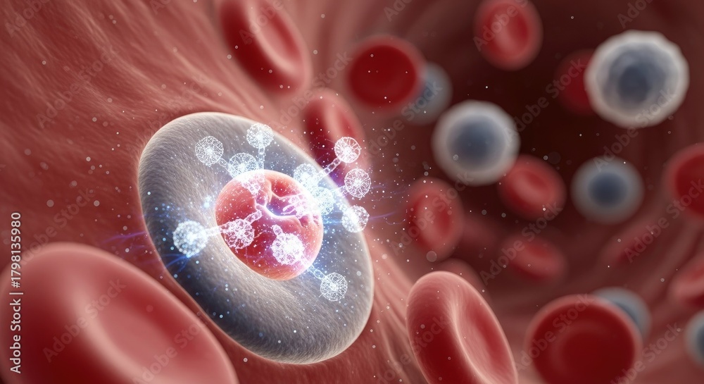 Fototapeta premium Microscopic view of red blood cells and white blood cells, highlighting a parasitic infection within a red blood cell