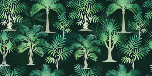 Seamless pattern with watercolor palm trees on a dark background. Hand drawn. Not AI, vector illustration.