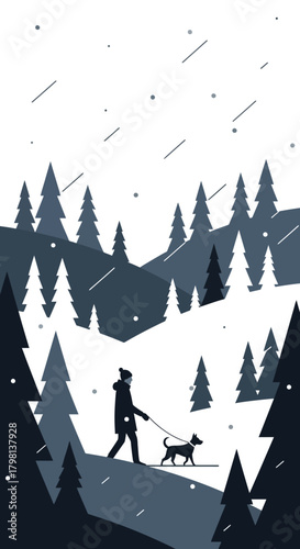 A person in winter clothing walking a small dog on a leash through a snowy landscape.