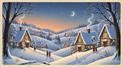 A quaint and cozy village nestled in snowcovered hills during a peaceful winter evening.