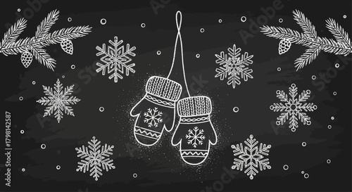 Hand drawn chalk illustration of winter mittens and snowflakes.