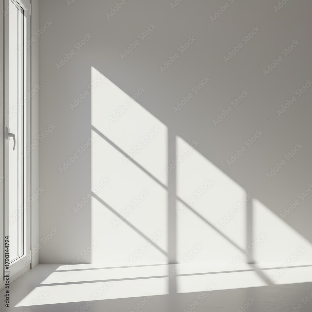 Fototapeta premium Bright sunlight streaming through a large window illuminating a perfectly clean white wall with sharp architectural shadows, home, vertical, illuminated
