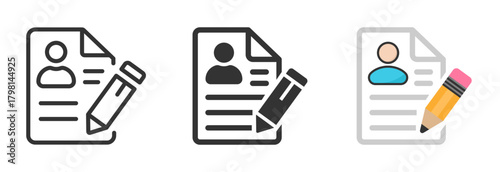 Resume icon set. Line, glyph and flat style. Business, personal information, CV, job interview. Outline, flat and colored style. Vector illustration