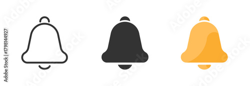 Notification bell icon set. Alarm symbol. Incoming message symbol. Bell for subscribe, alarm and push chat alert. New notification, reminder. Line, glyph and flat style.