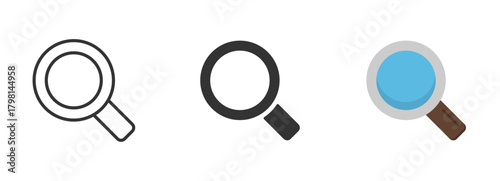 Magnifying glass icon set. Search icons. Loupe. Zoom magnify glass enlarge lupe zoom symbol concept illustration symbol. Line, glyph and flat style. Vector illustration.