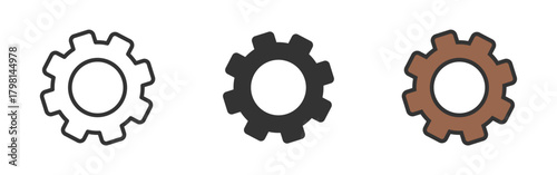 Cogwheel icon set. Gear Settings symbol, cogwheel. Functions symbol. Set of mechanical gears, industrial setting symbols, engineering tools isolated on white background. Line, glyph and flat style.