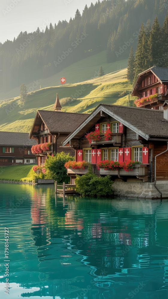 Naklejka premium Peaceful Swiss lakeside village with traditional chalet houses reflected in turquoise water at golden hour in summer mountains