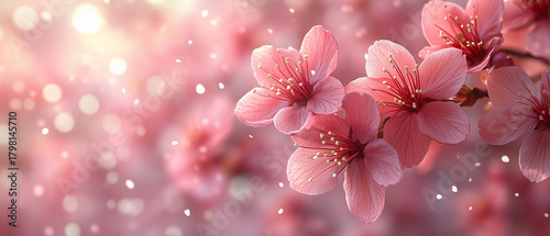 Ethereal pink sakura petals drifting in soft pastel sky with light flares. Perfect for beauty, mindfulness, wedding stationery, and spring seasonal graphics.