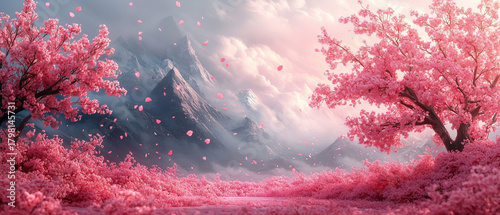 Dreamy pink sakura trees in full bloom over misty mountains, flying petals. Japanese spring aesthetic, perfect for wellness, beauty, wedding, and relaxation designs.