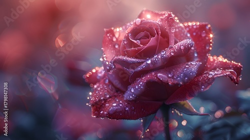 intimate close‑up of a red rose in full bloom with shimmering dew beads on its soft velvety petals in high detail pink rose with water drops