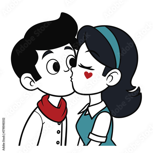 A charming cartoon illustration depicts a couple sharing a sweet kiss, with a heart adorning the cheek of the girl, the scene is filled with love and affection