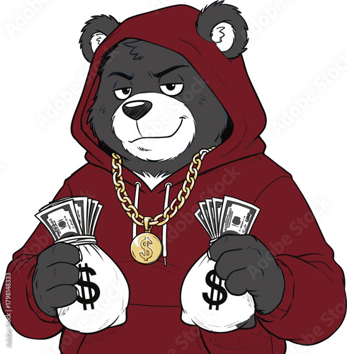 A confident cartoon bear character wears a red hoodie and gold chain, holding two money bags