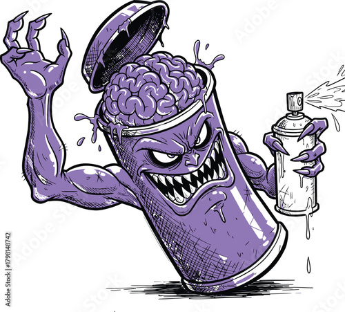 Aggressive cartoon spray paint can monster with sharp teeth and claws holding a smaller can