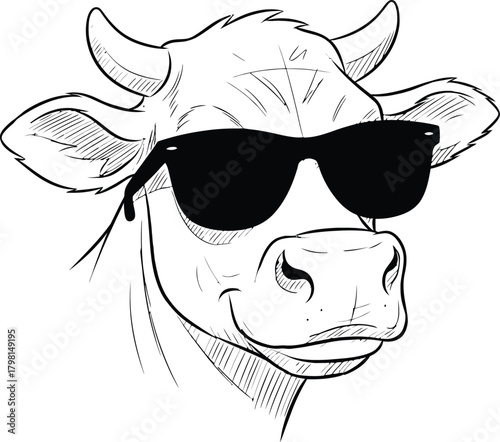 Cartoon cow character with shades looking laid back and fashionable, an amusing livestock illustration