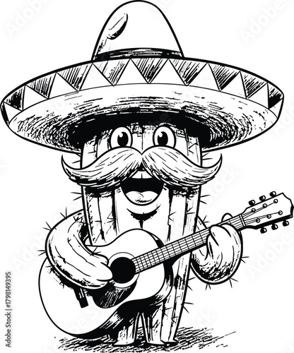 Cheerful cartoon cactus character wears a sombrero and plays guitar in a lively mariachi musician style