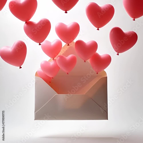 Pink Heart Balloons Floating from Open Envelope