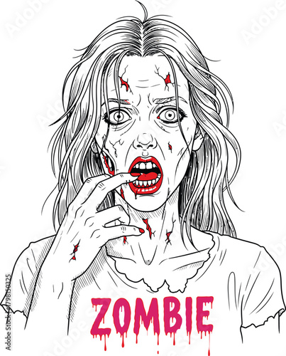 Detailed line art portrait of a female zombie with open mouth, bloody wounds and a distressed expression