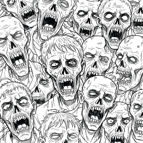 Disturbing crowd of screaming zombie faces with decaying features and open mouths
