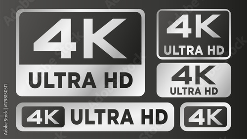 Silver 4K Ultra HD resolution vector icon set. Video and display quality label. Vector illustration