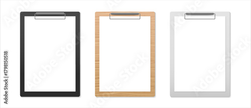 Realistic clipboard mockup set. Office folder. Notepad information board. Paper on black, wood and gray board with holder. Vector illustration