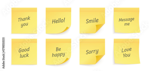 Set of yellow sticky notes with hand written positive messages for reminder, greeting and friendly communication. Vector illustration