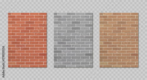 Realistic set of brick wall textures in red, gray and brown color. Block brick wall pattern background collection. Vector illustration