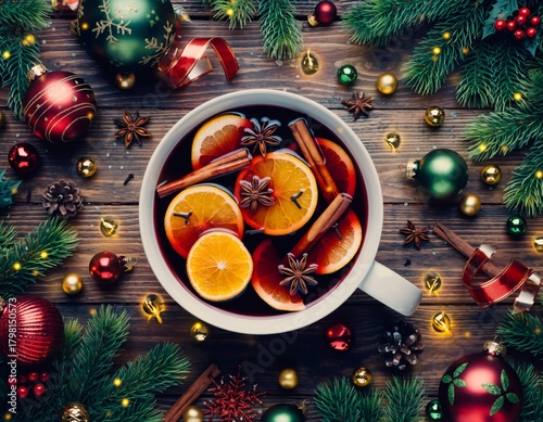 Aromatic mulled wine steaming in white mug surrounded by festive Christmas ornaments and pine branches on rustic wooden table