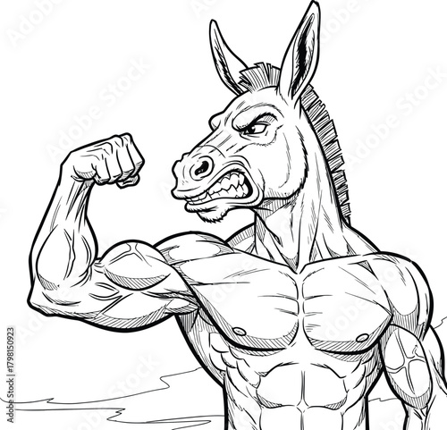Fierce donkey mascot with powerful human like muscular body flexing bicep on display
