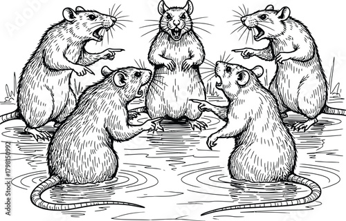 Five cartoon rats engaged in a heated discussion or argument, surrounded by water ripples