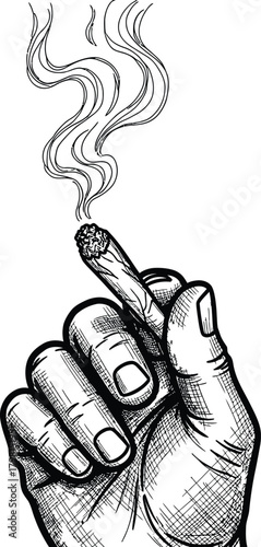 Human hand holding a lit cigarette with smoke rising, depicted in a detailed line art drawing style