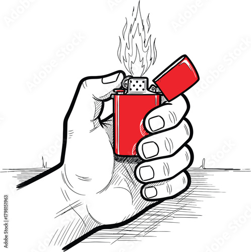 Human hand holding an open lighter with a small flame burning, shown with bold lines