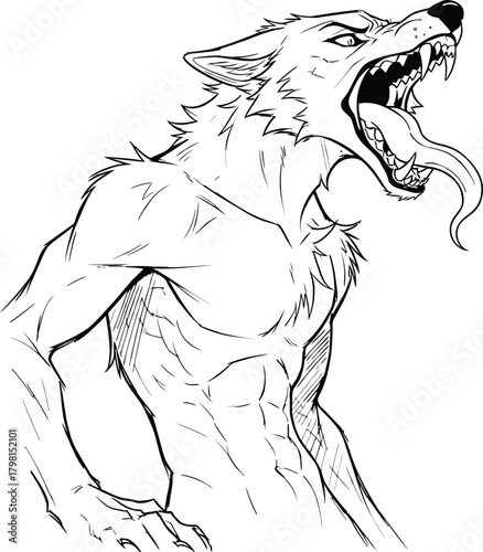 Intense illustration of a powerful werewolf snarling ferociously with its mouth wide open and fangs