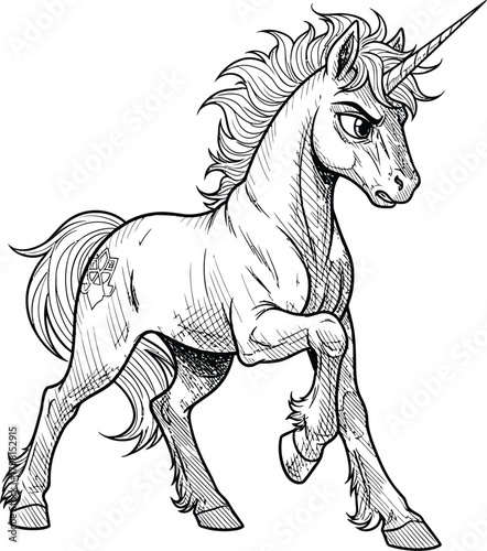 Majestic unicorn creature with a flowing mane and an anchor symbol on its flank, presented in line art style