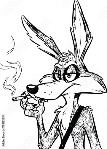 Miserable cartoon coyote character smoking a rolled cigarette with a weary, indifferent facial expression