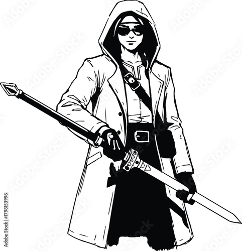 Mysterious hooded figure wearing sunglasses and a long coat holding a large sword ready for action