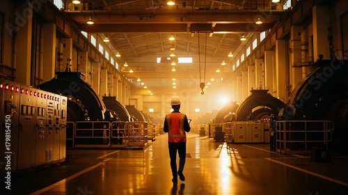 Facility manager strides along glowing manufacturing pathway