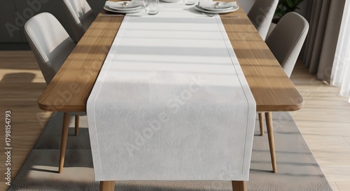 Blank white table runner mockup on modern wooden dining setup.