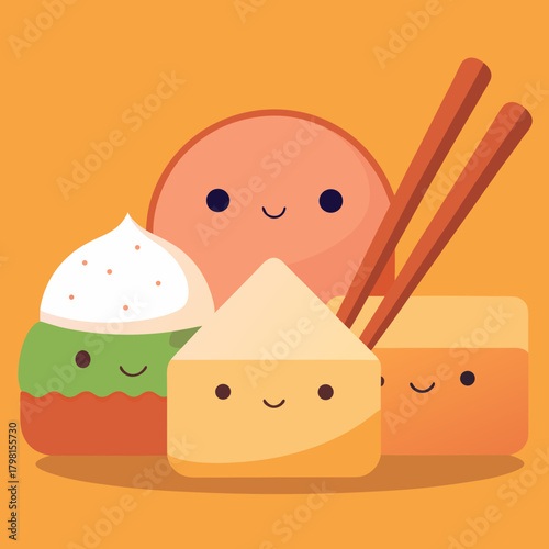 Adorable kawaii food characters with chopsticks on orange background